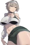  1girl absurdres black_choker black_sports_bra blue_eyes cat_necklace choker collarbone commentary_request english_commentary goddess_of_victory:_nikke green_shorts grey_hair hair_ears hairband highres long_sleeves looking_ahead midriff mixed-language_commentary miyure_(voyakl) navel off_shoulder prika_(nikke) shorts simple_background solo sports_bra studded_choker thighs white_background white_hairband 