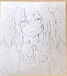  1girl ascot bow closed_mouth collared_shirt commentary_request flandre_scarlet frilled_shirt_collar frills frown furawast greyscale hat hat_bow highres looking_at_viewer mob_cap monochrome one_side_up shikishi shirt solo touhou traditional_media upper_body vest wings 