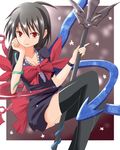  asymmetrical_wings black_hair black_legwear efe face houjuu_nue polearm red_eyes short_hair sitting solo thighhighs touhou trident weapon wings zettai_ryouiki 