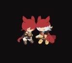  2boys animal_ears artist_name black_background black_hood black_robe black_shoes cat_boy cat_ears cat_tail closed_eyes commentary_request crystal_exarch final_fantasy final_fantasy_xiv g'raha_tia highres hood hood_down male_focus miqo'te multicolored_hair multiple_boys no_mouth red_hair red_shirt rizu_(rizunm) robe sandals shirt shoes short_hair short_sleeves shorts simple_background sitting sleeveless sleeveless_shirt solo streaked_hair tail white_shorts white_streaks 