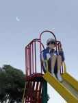  1boy baseball_cap black_eyes black_hair black_shorts blue_jacket blue_sky crescent_moon echizen_ryoma hand_up hat high_collar highres jacket knees_up long_sleeves looking_at_viewer male_focus moon morning outdoors shoes short_hair shorts sitting sky sleeves_past_wrists slide sneakers socks solo star_(sky) tennis_no_ouji-sama tree v white_hat white_shoes white_socks yyyg_0 