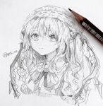  1girl bow bowtie closed_mouth collared_shirt commentary_request crystal crystal_wings flandre_scarlet frilled_shirt_collar frills frown furawast greyscale hair_bow hat highres looking_at_viewer mob_cap monochrome pointy_ears shirt sketch solo touhou traditional_media twitter_username upper_body vest wings 