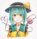  1girl black_hat bow buttons closed_mouth collared_shirt commentary_request diamond_button disembodied_linked_eye eyeball frilled_shirt_collar frills furawast green_eyes green_hair hat hat_bow heart heart_of_string komeiji_koishi looking_at_viewer marker_(medium) medium_hair shirt smile solo touhou traditional_media upper_body yellow_bow yellow_shirt 