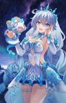  1girl absurdres ahoge blue_eyes breasts chinese_commentary clothing_cutout commentary_request commission detached_sleeves diamond-shaped_pupils diamond_(shape) dress henjiwumei highres honkai_(series) honkai_impact_3rd kiana_kaslana kiana_kaslana_(ba-dum!_fiery_wishing_star) kiana_kaslana_(wintery_wishes) large_breasts long_hair looking_at_viewer navel_cutout night official_alternate_costume rice_cake_(honkai_impact) sideless_dress sky smile snake solo star_(sky) starry_sky symbol-shaped_pupils thighs tiara very_long_hair white_dress white_hair white_snake 
