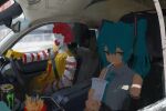  1boy 1girl aqua_eyes aqua_hair bare_shoulders car clown clown_nose commentary drinking_straw driving faceless faceless_male food french_fries hair_between_eyes hatsune_miku highres jitome koukouya mcdonald's monster_energy motor_vehicle necktie ronald_mcdonald seatbelt striped_clothes traditional_media twintails vocaloid 
