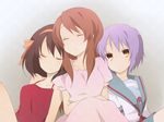  asahina_mikuru brown_eyes brown_hair casual closed_eyes endless_eight hair_ribbon kinokosuke kita_high_school_uniform long_hair multiple_girls nagato_yuki purple_hair ribbon school_uniform serafuku short_hair sleeping suzumiya_haruhi suzumiya_haruhi_no_yuuutsu 