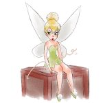  1girl bare_shoulders blonde_hair blue_eyes breasts commentary dress fairy fairy_wings green_dress green_shoes hair_bun highres mini_person minigirl mio_ney pointy_ears shoes short_hair single_hair_bun solo strapless strapless_dress tinker_bell_(disney) untranslatable_commentary walt_disney's_peter_pan wings 