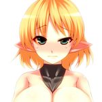  between_breasts blonde_hair blush breasts cleavage green_eyes large_breasts mizuhashi_parsee pointy_ears short_hair solo squinting touhou tro uneven_eyes wince 