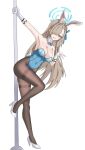  1girl absurdres animal_ear_hairband animal_ears asuna_(blue_archive) asuna_(bunny)_(blue_archive) blue_archive blue_bow blue_bowtie blue_eyes blue_halo blue_leotard bow bowtie breasts brown_hair cleavage commentary_request covered_navel detached_collar fake_animal_ears hair_over_one_eye hairband halo highleg highleg_leotard highres large_breasts leotard long_hair mili_mli mole mole_on_breast official_alternate_costume pantyhose playboy_bunny pole pole_dancing rabbit_ears rabbit_tail simple_background smile socks solo strapless strapless_leotard stripper_pole tail thighband_pantyhose traditional_bowtie v white_background white_socks 
