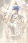  1boy alternate_costume alternate_species angel angel_wings blue_eyes blue_hair chinese_commentary closed_mouth collared_robe commentary_request feathered_wings genshin_impact gold_trim hair_between_eyes hair_over_shoulder halo halo_behind_head hands_up highres holding hydro_symbol_(genshin_impact) indoors kamisato_ayato long_hair long_sleeves looking_at_viewer male_focus mole mole_under_mouth multiple_wings parted_bangs pectoral_cleavage pectorals robe sleeves_past_wrists solo spiked_halo standing stole white_robe white_wings window wings xuelizi2 