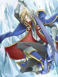  blazblue blonde_hair blue_footwear boots gloves green_eyes highres ice jin_kisaragi male_focus md5_mismatch peche solo sword weapon yukianesa 