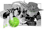  1boy bridal_gauntlets closed_mouth comic_panel_redraw cowboy_hat derivative_work foreshortening goggles goggles_on_headwear green_eyes green_nails greyscale gyro_zeppeli hat highres jojo_no_kimyou_na_bouken komiya_harumoto looking_at_viewer male_focus monochrome solo spinning spot_color steel_ball_(jojo) steel_ball_run upper_body 