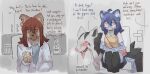 ahoge anthro bag blue_body blue_countershading blue_fur blush blush_lines bodily_fluids bottomwear breath chair clothing coat comic countershading dialogue drooling english_text eyewear fangs felid female feral fur furniture generation_3_pokemon glasses group hair hi_res kemono kurt_(snepause) lab_coat laboratory laboratory_equipment legwear leopard_spots long_hair looking_at_another male male/female mammal mane mightyena nintendo on_chair open_mouth pantherine panting pink_eyes pink_nose pleated_skirt pokeball pokemon pokemon_(species) pokemon_professor pokemon_trainer pupils round_glasses saliva scientific_instrument shen_(snepause) shirt sitting sitting_on_chair skirt slit_pupils smile smirk snepause snow_leopard spots stockings tail teeth text thigh_highs tongue tongue_out topwear undershirt vest white_pupils