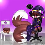 2_tails absurd_res alternative_fashion anthro big_butt big_ears biped brown_body brown_fur butt cake candy canid canine chair chocolate clothing dessert femboy food fox fox_ears fox_tail fur furniture gaymer goth hat headgear headwear hi_res huge_butt huge_thighs hyper hyper_thighs legs_together legwear magic magic_user male male_anthro mammal multi_tail normannsfw normanthefox purple_eyes smile solo spiral star tail thick_thighs white_body white_fur witch witch_costume witch_hat