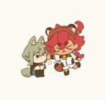  >_< 1boy 1girl animal_ears artist_name black_shoes blush_stickers closed_eyes closed_mouth commentary_request earrings elan_ceres fake_animal_ears fake_tail fox_ears fox_tail green_eyes green_hair gundam gundam_suisei_no_majo hair_between_eyes jacket jewelry long_hair long_sleeves medium_hair petting ponytail red_hair rizu_(rizunm) shoes shorts sigh simple_background sitting solo standing suletta_mercury tail thick_eyebrows twitter_username white_background white_jacket white_shorts 