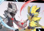  2others alternate_color bandana blue_eyes body_fur cazmo claws furry grey_background grey_fur multiple_others neck_fur pokemon pokemon_(creature) pokemon_focus simple_background upper_body yellow_fur zeraora 