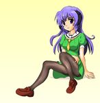  cosplay dress erushieru hanyuu higurashi_no_naku_koro_ni horns houjou_satoko houjou_satoko_(cosplay) long_hair pantyhose purple_eyes purple_hair sailor_dress shoes sitting solo 