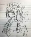 1girl ascot blush bow closed_mouth collared_shirt commentary_request crossed_arms crystal crystal_wings flandre_scarlet frilled_shirt_collar frills furawast hat hat_bow mob_cap one_side_up pout puffy_short_sleeves puffy_sleeves shirt short_sleeves sketch solo speech_bubble touhou traditional_media translation_request upper_body vest wings 