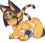 2026 all_fours animal_crossing ankha_(animal_crossing) anthro ass_up big_breasts blue_hair blush bob_cut bodily_fluids breasts cleavage clothed clothing domestic_cat felid feline felis female fukurou_ya hair hi_res looking_at_viewer mammal markings nintendo simple_background solo striped_markings striped_tail stripes sweat tail tail_markings uraeus white_background wraps
