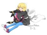  1girl :d affectionate black_jacket blonde_hair blue_pantyhose blue_shirt blunt_bangs closed_eyes commentary_request greta_(pokemon) happy jacket normal_(n0mal_) open_mouth pantyhose pokemon pokemon_(creature) pokemon_emerald pokemon_ruby/sapphire/emerald purple_shoes shirt shoes short_hair sitting smile umbreon 