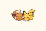  :< :3 annoyed artist_name blush_stickers commentary_request eevee happy lying no_humans on_stomach open_mouth pikachu pixel_art pokemon pokemon_(creature) pokemon_focus rizu_(rizunm) simple_background white_background 