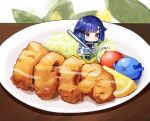  1girl blue_hair blue_hoodie chibi chibi_only closed_mouth dot_mouth expressionless food food_request fork fruit grey_eyes hair_flaps hair_intakes hair_ornament highres holding holding_fork hood hood_down hoodie kiwipodo lemon lemon_slice light_blush mini_person minigirl on_plate short_hair shorts sidelocks solo tsumugi_kokage tsumugi_kokage_(1st_costume) virtual_youtuber vspo! white_shorts 