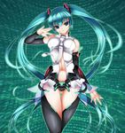  aqua_hair ashita_yaru blue_eyes elbow_gloves fingerless_gloves gloves hatsune_miku hatsune_miku_(append) impossible_clothes impossible_shirt long_hair navel necktie no_panties shirt solo thighhighs twintails very_long_hair vocaloid vocaloid_append 