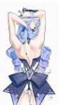  1girl absurdres arms_up back_bow bare_arms bare_back black_bow blue_bow blue_hair bow chinese_commentary commentary cowboy_shot dated drill_hair from_behind grey_background hair_bow hair_over_shoulder halterneck heart heart_o-ring highres long_hair median_furrow o-ring official_alternate_costume one-piece_swimsuit shoulder_blades signature simple_background solo swimsuit thigh_gap twin_drills very_long_hair vivian_banshee vivian_banshee_(iris_of_the_shore) yisjhui zenless_zone_zero 
