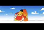  1boy 1girl arm_around_another's_waist arm_around_shoulder black_hair blue_sky cloud cloudy_sky commentary from_behind hand_on_another's_waist hat hat_on_back heads_together heart highres monkey_d._luffy nami_(one_piece) official_alternate_costume one_piece orange_hair orange_overalls outdoors overalls red_shirt sandals shampowrado shirt shorts sitting sky straw_hat sweater untranslatable_commentary wavy_hair yellow_shorts yellow_sweater 