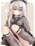  1girl arm_at_side arm_support beret black_sailor_collar black_skirt black_sweater blush border brown_background closed_mouth commentary_request cross-laced_clothes cross-laced_sleeves dot_nose double-parted_bangs ear_piercing feet_out_of_frame grey_eyes grey_hair grey_hat grey_leg_warmers hand_up hat highres knees_up leg_warmers long_hair long_sleeves looking_at_viewer meguru_1225 miniskirt original outside_border panties piercing polka_dot polka_dot_panties sailor_collar sitting skirt sleeves_past_wrists solo straight_hair sweater underwear white_border white_panties 