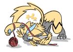  1other advos all_fours blue_eyes body_fur claws full_body furry highres pokemon pokemon_(creature) pokemon_focus simple_background white_background yarn yellow_fur zeraora 