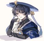  1boy armor bishounen black_bodysuit black_bridal_gauntlets blue_cape blue_hat blunt_ends bodysuit bridal_gauntlets cape commentary_request eyeliner genshin_impact gold gold_ring hand_up hat highres japanese_armor japanese_clothes jingasa kimono korean_commentary kote kurokote looking_at_viewer makeup male_focus mandarin_collar middle_ring parted_lips portrait purple_eyes red_eyeliner scaramouche_(genshin_impact) shoulder_peek side_cape sketch solo tmzkfkdwk tsurime wanderer_(genshin_impact) white_background white_kimono white_mouth wispy_bangs 