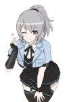  1girl ;) assault_lily belt belt_buckle black_belt black_dress black_gloves black_ribbon black_thighhighs blue_jacket blush breast_pocket breasts buckle closed_mouth collared_shirt cowboy_shot crop_top dress finger_heart fingerless_gloves garter_straps gloves grey_hair hair_belt hand_on_own_thigh hand_up hata_matsuri heart high_ponytail highres jacket jewelry kimassi large_breasts leaning_forward looking_at_viewer neck_ribbon official_alternate_costume official_alternate_hairstyle one_eye_closed pleated_dress pocket ponytail purple_eyes ribbon ring shirt short_hair simple_background single_fingerless_glove single_glove single_vambrace smile solo thighhighs vambraces white_background white_shirt zettai_ryouiki 