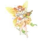  1girl bare_shoulders blonde_hair blush breasts butterfly_wings dress fairy fairy_wings fire_emblem fire_emblem_heroes flower full_body gloves hair_between_eyes hair_ornament insect_wings looking_at_viewer medium_breasts miyako_(xxxbibit) multicolored_hair official_alternate_costume official_art open_mouth peony_(fire_emblem) peony_(interwoven_dream)_(fire_emblem) pointy_ears purple_eyes second-party_source shoes sidelocks simple_background smile solo staff standing standing_on_one_leg teeth torn_clothes upper_teeth_only white_background white_dress white_gloves white_shoes wings 
