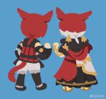  2boys animal_ears artist_name black_hood black_robe black_shoes blue_background cat_boy cat_ears cat_tail clenched_hand commentary_request crystal_exarch final_fantasy final_fantasy_xiv from_behind g'raha_tia hood hood_down male_focus miqo'te multicolored_hair multiple_boys red_hair red_shirt rizu_(rizunm) robe sandals shirt shoes short_hair short_sleeves shorts simple_background sleeveless sleeveless_shirt standing streaked_hair tail white_shorts white_streaks 