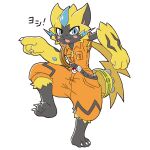  1other acky blue_eyes body_fur claws fang full_body furry genba_neko_(meme) hard_hat helmet highres jumpsuit looking_at_viewer meme orange_jumpsuit pointing pokemon pokemon_(creature) pokemon_unite simple_background sleeveless_jumpsuit solo standing standing_on_one_leg white_background yellow_fur zeraora_(power_plant) 