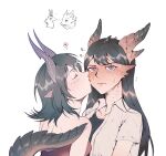  2girls bang_dream! bang_dream!_it's_mygo!!!!! black_hair commentary_request dragon_horns dragon_tail falcorusti highres horns kemonomimi_mode korean_commentary licking licking_another's_face long_hair mole mole_under_eye multiple_girls purple_eyes red_shirt scales shiina_taki shirt simple_background sweat tail white_background white_shirt yahata_umiri yuri 