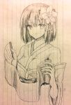  1girl closed_mouth commentary_request flower furawast hair_flower hair_ornament hieda_no_akyuu highres holding holding_scroll japanese_clothes kimono layered_kimono long_sleeves looking_at_viewer scroll short_hair sketch smile solo touhou traditional_media wide_sleeves 
