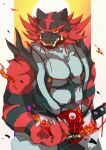  1boy ao_gravity black_fur body_fur cat_boy claws commentary fire furry furry_male green_eyes grey_fur hand_up heterochromia highres incineroar katana looking_at_viewer male_focus mask mouth_mask pokemon pokemon_(creature) red_eyes red_fur scar scar_across_eye scar_on_face sheath sheathed sleeveless solo sword tengu_mask upper_body weapon yellow_background 