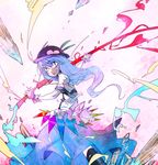  bad_id bad_pixiv_id blue_hair food fruit grin hat hinanawi_tenshi long_hair peach sheath smile solo sword sword_of_hisou tokomichi touhou unsheathing weapon 