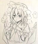  1girl ascot bat_wings blush brooch commentary_request embarrassed frilled_wrist_cuffs frills furawast hat hat_ribbon highres index_fingers_together jewelry mob_cap puffy_short_sleeves puffy_sleeves remilia_scarlet ribbon shirt short_sleeves sketch solo speech_bubble sweatdrop touhou traditional_media translation_request upper_body wings wrist_cuffs 