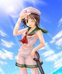  anchor blue_eyes brown_hair hat kinagi_yuu lens_flare light_rays midriff murasa_minamitsu navel one_eye_closed sailor sailor_collar sailor_hat solo sunbeam sunlight touhou 