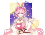  1girl breasts chinese_clothes commentary_request diamond-shaped_pupils diamond_(shape) dress earrings elf elysia_(hi_love_elf)_(honkai_impact) elysia_(honkai_impact) elysia_(lunar_grace)_(honkai_impact) feixianji_(hairstyle) hair_rings holding holding_lantern honkai_(series) honkai_impact_3rd jewelry lantern large_breasts long_hair looking_at_viewer mmmmhyb official_alternate_costume pink_dress pink_hair pointy_ears purple_eyes rabbit shuangyaji sky smile solo star_(sky) starry_sky symbol-shaped_pupils twitter_username very_long_hair 