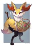  1other basket body_fur braixen cazmo fang flower flower_basket full_body furry grey_background holding holding_basket looking_at_viewer pokemon pokemon_(creature) pokemon_focus red_eyes simple_background skin_fang standing tail yellow_fur 