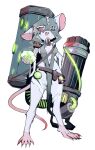  1girl animal_ears bandaged_leg bandages bell belt blood blood_on_gun blood_splatter breasts commentary_request english_commentary full_body furry furry_female gatling_gun glowing gun highres holding holding_gun holding_weapon looking_at_viewer mask mouse_ears mouse_girl mouse_tail red_eyes respirator short_hair simple_background skaven small_breasts solo standing tail teeth tuna_fan68 upper_teeth_only warhammer_fantasy weapon white_background white_fur 