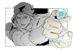  1boy aiming blue_eyes blue_nails foreshortening greyscale hat highres horse_print horseshoe_hat_ornament horseshoe_ornament johnny_joestar jojo_no_kimyou_na_bouken komiya_harumoto looking_at_viewer male_focus monochrome parted_lips solo spot_color star_(symbol) star_print steel_ball_run tusk_(stand) upper_body v-shaped_eyebrows 