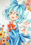  1girl blue_bow blue_dress blue_eyes blue_flower blue_hair blush bow bowtie cirno collared_shirt commentary_request detached_wings dress flower flower_request furawast hair_bow ice ice_wings looking_at_viewer open_mouth pinafore_dress pink_flower puffy_short_sleeves puffy_sleeves red_bow red_bowtie red_flower shirt short_sleeves sleeveless sleeveless_dress smile solo touhou traditional_media white_background wings yellow_flower 