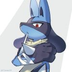  1other bandage_in_mouth bandaged_arm bandages cazmo furry grey_background hand_up lucario mouth_hold pokemon pokemon_(creature) pokemon_focus red_eyes simple_background solo upper_body 
