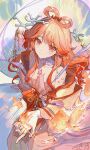  1girl absurdres arknights asona bare_shoulders chinese_clothes closed_mouth coral_hair_ornament cowboy_shot earrings feixianji_(hairstyle) fish goldfish hair_ornament hair_rings hair_stick hanfu haruka_(arknights) haruka_(stranded_in_utopia)_(arknights) highres jewelry long_hair long_sleeves looking_at_viewer official_alternate_costume orange_hair shawl signature smile solo water_drop wide_sleeves 