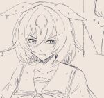  1girl angry animal_ears blush collarbone commentary dripping ears_down embarrassed english_commentary haiirosanrkgk hatching_(texture) horse_ears horse_girl linear_hatching lineart long_hair looking_to_the_side multicolored_hair pout school_uniform simple_background sirius_symboli_(umamusume) solo solo_focus streaked_hair tearing_up tears tracen_school_uniform umamusume very_long_hair wet wet_clothes wet_hair white_background 